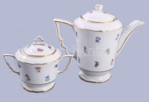 Zsolnay mokkás kiöntő és cukordoboz. Matricás, jelzett, kiöntőn gyári tűzrepedés. 17 cm, 10 cm