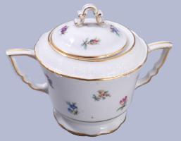 Zsolnay mokkás kiöntő és cukordoboz. Matricás, jelzett, kiöntőn gyári tűzrepedés. 17 cm, 10 cm