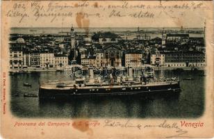 1902 Venezia, Venice; Panorama dal Campanile di S. Giorgio. Ferd. Gobbato / View from Campanile, church, canal, gondola, steamship (tear)