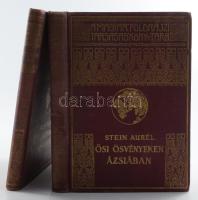 Stein Aurél (1862-1943): Ősi ösvényeken Ázsiában I-II. köt. Három kutató utam Ázsia szívében és Kína északnyugati tájain. Ford.: Halász Gyula. Magyar Földrajzi Társaság Könyvtára. Bp.,[1936], Franklin, 1 (címkép)+XV+136 p.; 137-247 p. + 52 (fekete-fehér képtáblák) t. +1 (kihajtható térkép) t. Fekete-fehér képtáblákkal, közte kihajtható képtáblákkal illusztrált. Kiadói dúsan aranyozott egészvászon sorozatkötésben, kopott borítóval, térkép nélkül.