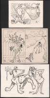 Szegő Gizi (1902-1985): 3 db karikatúra. Tus, papír, jelzett, mindegyik hátoldalán "Ludas Matyi Szerkesztősége" bélyegzővel. 12x15 és 15x20 cm körüli méretekben
