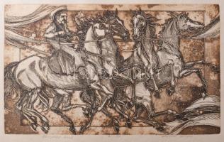 Kádas István (1941-): Ellopott lovak. Rézkarc, papír, jelzett, számozott 41/100, 24×39 cm