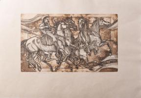 Kádas István (1941-): Ellopott lovak. Rézkarc, papír, jelzett, számozott 41/100, 24×39 cm