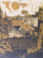 Szilágyi Imre (1942-): Csendes öreg háztetők macskái, 1981. Fametszet, linómetszet, papír, jelzett, művészpéldány E.A. V/V számozással, üvegezett fakeretben, 50×40 cm