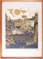 Szilágyi Imre (1942-): Csendes öreg háztetők macskái, 1981. Fametszet, linómetszet, papír, jelzett, ...