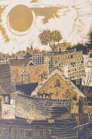 Szilágyi Imre (1942-): Csendes öreg háztetők macskái, 1981. Fametszet, linómetszet, papír, jelzett, ...