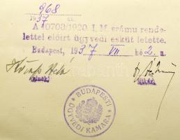 1937 Bírói és ügyvédi képesítő oklevél aláírásokkal (Finkey Ferenc, Tóth György, Glatz Ede, Kövess B...