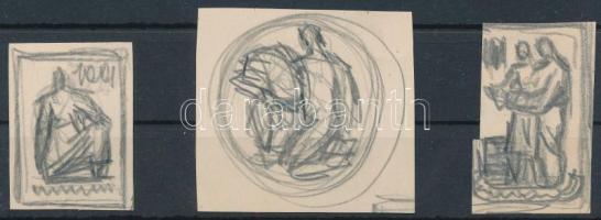 ~1946 Konecsni György 3 db eredeti, meg nem valósult bélyegterv vázlata