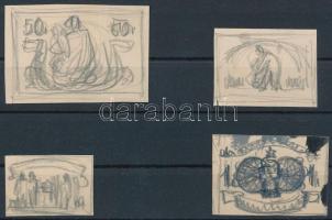~1946 Konecsni György 4 db eredeti, meg nem valósult bélyegterv vázlata