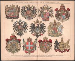 cca 1900 Wappen der wichtigsten Kulturstaaten / A legfontosabb kultúrállamok címerei, színes tábla a Brockhaus Konversations-Lexikon 14. kiadásából, 25x31 cm