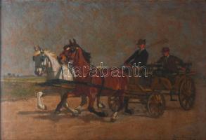 Zombory Lajos (1867-1933): Lovaskocsi. Olaj, karton, jelezve jobbra lent. Hátoldalán régi MNG kiviteli bélyegzéssel. Dekoratív fakeretben, 32×48 cm.