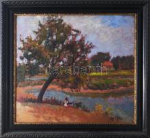 Sz. Csapó Márton (1889-?): Vándor a vízparton, 1930 körül. Olaj, falemez. Jelezve jobbra lent. Hátoldalán Sz. Csapó Márton autográf feliratával 1930-ból. Dekoratív, kissé sérült fakeretben. 45,5×51 cm