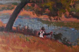 Sz. Csapó Márton (1889-?): Vándor a vízparton, 1930 körül. Olaj, falemez. Jelezve jobbra lent. Hátol...