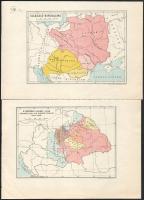 5 db magyar történelmi térkép: I. Ulászló birodalma; A Hunyadi-Újlaki Liga kormányzata alá tartozó terület; A magyar és török végvárak 1576-ban; Rudolf király uralmának legnagyobb kiterjedése 1603-ban; A protestáns vallásgyakorlat szabályozása az 1681:26. t.c.-kel. Vegyes állapotban, 17,5x25 cm körül