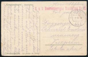 1918 Képeslap Konstantinápolyból "K.u.k. Reservetelegraphen Bauabteilung Nr. 83" + "FP 451"
