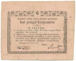 1849. július 16. Rozsnyó 6kr "Rozsnyó bánya város pénztári utalványa", rózsaszín papíron, 1. után a vessző feljebb van, mint a pont T:VG Adamo ROZ-1.3.1