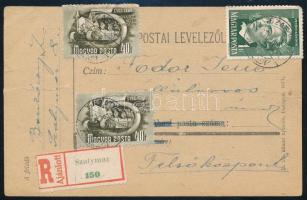 1950 Ajánlott I. világháborús tábori posta levelezőlap Petőfi és Ötéves terv bélyegekkel, érdekes tartalommal "SZATYMAZ"