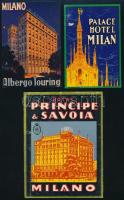 3 db olasz bőröndcímke (Albergo Touring Milano, Hotel Principe &amp; Savoia, Palace Hotel Milan), szakadásokkal