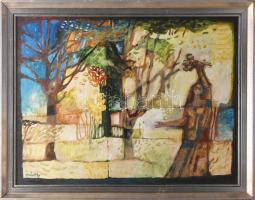 Túry Mária (1930-1992): Ősz. Olaj, farost. Jelzett. Hátoldalán autográf felirattal és Vizualart töredékes címkéjével. Fakeretben. 40x52 cm.