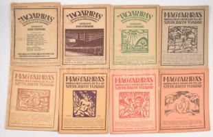 1921 Magyar Írás. Az új művészet folyóirata. Szerkeszti és kiadja: Raith Tivadar. I. évf. Teljes évfolyam 1-9. szám. Bp., 1921. (Európa ny.) Ritka! A Magyar Írás ? Az új művészet folyóirata a 20. század eleji magyar művészeti és irodalmi modernizmus egyik kevésbé ismert, de jelentős orgánuma volt. Raith Tivadar szerkesztésében és kiadásában jelent meg, célja pedig az volt, hogy fórumot teremtsen az új, progresszív irányzatok avantgárd, modern líra, új képzőművészeti törekvések bemutatására. A lap igyekezett kapcsolatot teremteni a magyar művészet és az európai modernizmus között, és olyan alkotóknak adott teret, akik a hagyományos formák meghaladására törekedtek. Bár nem tartozott a nagy példányszámú folyóiratok közé, szellemi hatása a korszak művészeti életében jelentős volt. Az első szám címlapja ragasztott