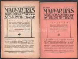 1923 Magyar Írás. Az új művészet folyóirata. Szerkeszti és kiadja: Raith Tivadar. III. évf. Egy szám híján (10.) Teljes évfolyam 1-12. szám. Bp., 1923. (Európa ny.) Ritka! A Magyar Írás - Az új művészet folyóirata a 20. század eleji magyar művészeti és irodalmi modernizmus egyik kevésbé ismert, de jelentős orgánuma volt. Raith Tivadar szerkesztésében és kiadásában jelent meg, célja pedig az volt, hogy fórumot teremtsen az új, progresszív irányzatok avantgárd, modern líra, új képzőművészeti törekvések bemutatására. A lap igyekezett kapcsolatot teremteni a magyar művészet és az európai modernizmus között, és olyan alkotóknak adott teret, akik a hagyományos formák meghaladására törekedtek. Bár nem tartozott a nagy példányszámú folyóiratok közé, szellemi hatása a korszak művészeti életében jelentős volt.