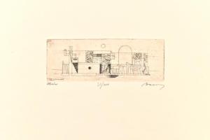 Barcsay Jenő (1900-1988): Ház. Rézkarc, papír, jelzett, számozott: 31/100. Üvegezett fakeretben. 6,5×17,5 cm