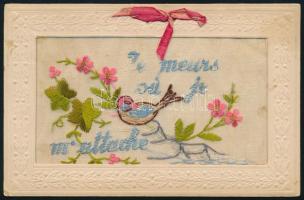 cca 1920 Hímzett üdvözlő kártya, 9×14 cm