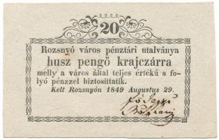 1849. Rozsnyó 20kr "Rozsnyó város pénztári utalványa" a "husz" ékezet hiányos T:AU,XF Hungary / Rozsnyó 1849. 20 Krajcár "Cash voucher of the city of Rozsnyó" missing accent from "husz" C:AU,XF