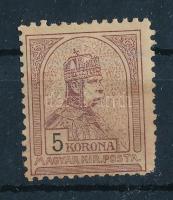 1900 Turul 5K falcos, betapadt, foltos, sérült fogazású bélyeg (44.000)