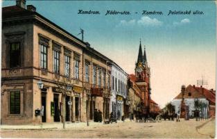 Komárom, Komárnó; Nádor utca, Szentháromság szobor, üzletek. Hermann Endre kiadása / street, monument, shops (EK)