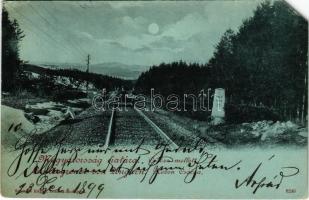 1899 Csaca, Csacza, Cadca, Caca; Magyarország határa, hajtány, vasútvonal, határkő este holdfényben. Edgar Schmidt kiadása / border of the Hungarian Kingdom, handcar, railway line, border stone at night in moonlight (EM)