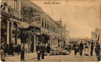 1931 Ruttka, Vrútky; Fő utca, Hotel Vasúti szálloda, piac. Vasúti levelezőlapárusítás 21. sz. 1918. / main street, railway hotel, market (fa)