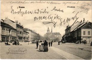 1907 Kassa, Kosice; Fő utca, Adriányi és Markó üzlete, piac, tér. László Béla kiadása / square, shops, market (EK)
