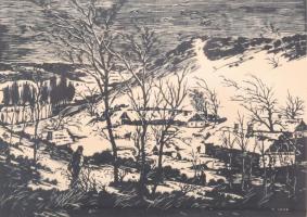 T jelzéssel: Téli táj. Fametszet, papír. Jelzett a metszeten. Üvegezett fakeretben. 19×27 cm
