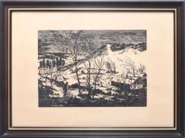 T jelzéssel: Téli táj. Fametszet, papír. Jelzett a metszeten. Üvegezett fakeretben. 19×27 cm