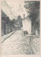 Beregi Vilmos (1917-1970): Tabán, Hadnagy utca. Rézkarc, papír, jelzett. Apró foltokkal. Üvegezett fakeretben, 23,5x17 cm