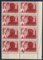 1944 Vöröskereszt 30f ívsarki 8-as tömb, a jobb alsó bélyegen piros festékfolt