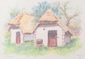 Csányi Béla (-): Cáki pincék, 1979. Színes ceruza, papír. Jelzett. Üvegezett fakeretben, 21,5x30,5 cm