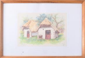 Csányi Béla (-): Cáki pincék, 1979. Színes ceruza, papír. Jelzett. Üvegezett fakeretben, 21,5x30,5 c...