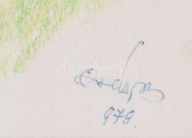 Csányi Béla (-): Cáki pincék, 1979. Színes ceruza, papír. Jelzett. Üvegezett fakeretben, 21,5x30,5 c...