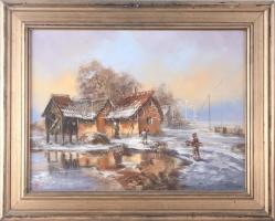 Olvashatatlan (MT v. TM monogrammal?) jelzéssel: Téli jelenet. Olaj, farost. Fakeretben, 30x40 cm