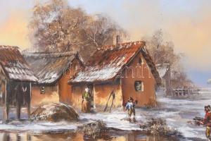 Olvashatatlan (MT v. TM monogrammal?) jelzéssel: Téli jelenet. Olaj, farost. Fakeretben, 30x40 cm