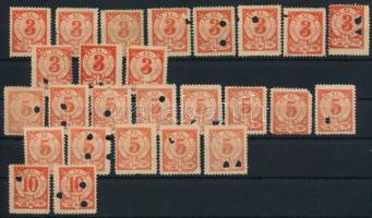 D.G.T. 26 db 3kr, 5kr 10kr csomagellenőrzési bélyeg közte szín és méret változatok, elfogazás, papírránc