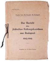 Kasztner Rezső, dr.: Der Bericht des jüdischen Rettungskomitees aus Budapest 1942-1945. Vorgelegt von: --. Bp., (1945.) ny.n. (1)+XIII+191+3+(3) levél. Bp., (1945.) ny.n. (1)+XIII+191+3+(3) levél. A magyarországi és egyben az egyetemes holokauszt-irodalom egyik legjelentősebb műve, egy fővárosi zsidó szervezet, a Budapesti Segélyező és Mentőbizottság (Va?adat) jelentése. Összeállítója a szervezet felelős vezetője volt a második világháború alatt. Ő képviselte a Mentőbizottságot az Andreas Ernst Kurt Becher SS ezredessel, Adolf Eichmann megbízottjával folytatott tárgyalásokon. Személyes sikere, hogy a németek egy vasúti szerelvényt Auschwitz helyett Svájcba küldtek. A később ?Kasztner vonata? néven emlegetett akció következtében majd? 2000 fő menekült meg a haláltáborból. Egyes források szerint Kasztner további 20 ezer zsidót mentett meg Magyarországon. A háború után Izraelbe emigrált, ahol állami tisztséget töltött be. 1953-ban megvádolták, hogy náci kollaboráns volt. Az ennek folyamán lezajlott rágalmazási per Kasztnert elmarasztaló ítélettel zárult, a bíró elmondása szerint Kasztner ?eladta lelkét az ördögnek?. 1957-ben három szélsőjobboldali aktivista lőtt rá, 12 nappal később belehalt sérüléseibe. Egy év sem telt el, perét újratárgyalta az izraeli legfelsőbb bíróság, és a korábbi döntést hatályon kívül helyezték, Kasztnert pedig minden vád alól felmentették. Zsinórral átfűzött, kiadói papírborítóban.   One of the most significant works of both Hungarian and universal Holocaust literature is the report of a Jewish organization in the capital, the Budapest Relief and Rescue Committee (Va?adat). Its compiler was the organization?s responsible leader during the Second World War. He represented the Rescue Committee in the negotiations with SS Colonel Andreas Ernst Kurt Becher, Adolf Eichmann?s deputy. It was his personal achievement that the Germans sent a train to Switzerland instead of Auschwitz. As a result of this action?later referred to as the ?Kasztner train??nearly 2,000 people were saved from the death camp. According to some sources, Kasztner saved an additional 20,000 Jews in Hungary. After the war he emigrated to Israel, where he held a governmental position. In 1953 he was accused of being a Nazi collaborator. The subsequent libel trial ended with a verdict condemning Kasztner; according to the judge, Kasztner had ?sold his soul to the devil.? In 1957 three far-right activists shot him, and he died of his injuries 12 days later. Less than a year passed before his case was retried by the Israeli Supreme Court, which overturned the previous decision and acquitted Kasztner of all charges. String-bound, in publisher?s paper cover.