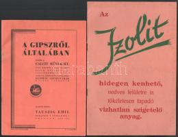 cca 1920-1940 3 db építőipari reklámkiadvány: A gipszről általában (Calcit Művek Rt.), Az Izolit (Vikol Kálmán szigetelő és vegyi anyagok üzeme, Kolozsvár), Stucco mennyezetdíszítmények (Sternberg Izsó szobrász, Cinkota). Változó állapotban.