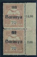 Baranya I. 1919 Turul 70f ívszéli függőleges pár, a felső bélyeg antikva évszámmal, Bodor vizsgálójellel (csak az ívszél tartja össze / aparted perfs.)
