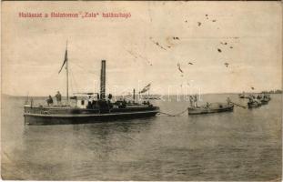 1907 Balaton, Halászat a Balatonon, ZALA halászhajó. Divald Károly fénynyomdai műintézete kiadása, hátoldalon sorsjegy (EB)