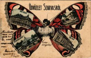 1905 Szarvas, Árpád szálloda, Evangélikus főgimnázium, Erzsébetligeti pavilon, Városi fürdő. Schlesinger Izidor kiadása, szecessziós pillangós hölgy montázs művészlap / Art Nouveau butterfly lady montage art postcard (gyűrődés / crease)