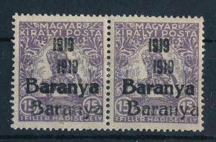 Baranya I. 1919 Hadisegély III. 15f pár kettős felülnyomással, Bodor vizsgálójellel (90.000)