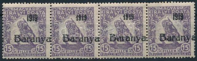 Baranya I. 1919 Hadisegély III. 15f 4-es csík, a középső két bélyeg antikva évszámmal, Bodor vizsgálójellel